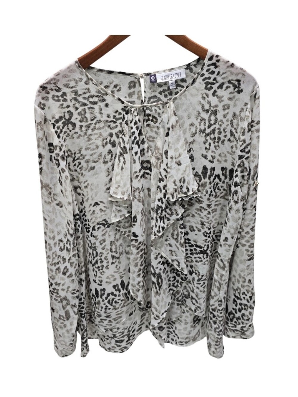 Jennifer Lopez Leopard Print Sheer Ruffle Blouse Mob Wife Y2K XL - Picture 2 of 12
